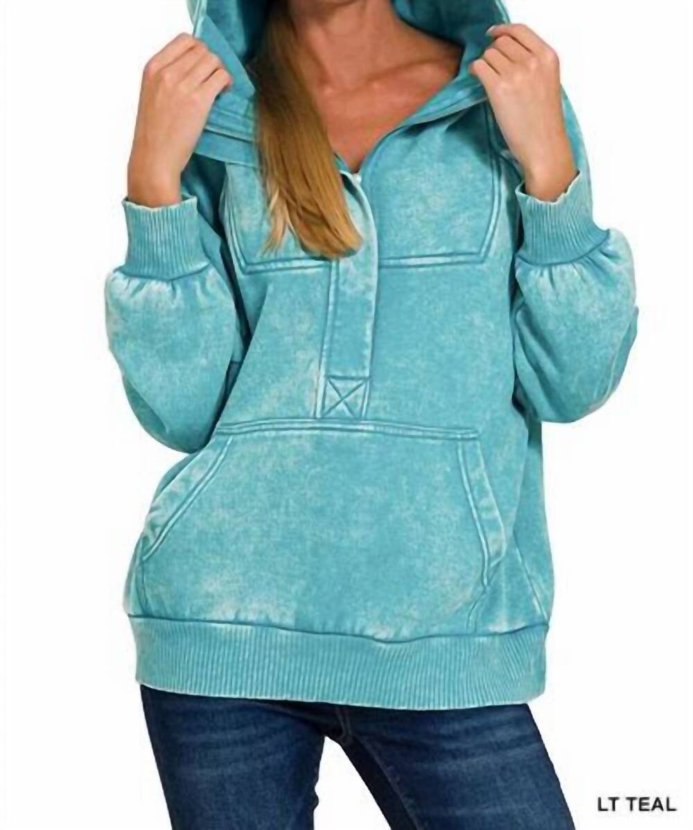 NEW ZENANA acid wash fleece kangaroo hoodie in light teal